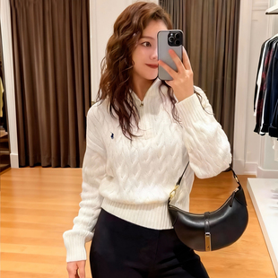 [三折现货]拉夫半拉链纯棉毛衣女大麻花绞花小马标短款针织衫外套