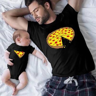 Funny Pizza Print Father Mother Kids T-Shirt Baby Bodysuit C