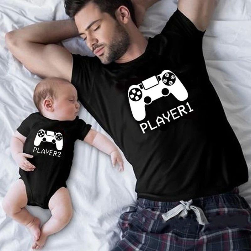 1pc Player 1 Player 2 Funny Father Son Look Tshirt Summer Sh