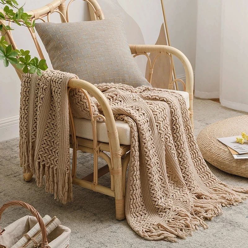 Nordic Crocheted Blanket Travel Blankets Khaki Sofa Bed Thro