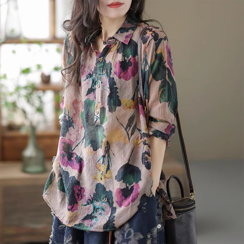清仓捡漏~外贸原单出口复古印花亚麻衬衫女长袖大码宽松棉麻上衣