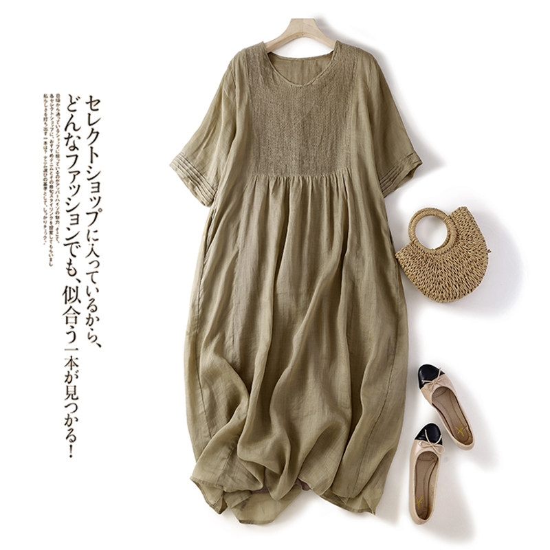 品牌折扣店外贸女装棉麻连衣裙女短袖宽松复古风琴褶大摆亚麻长裙