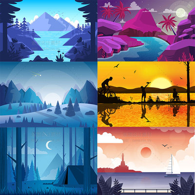 扁平化唯美风景渐变插画剪影风格游戏场景banner矢量AI设计素材UI