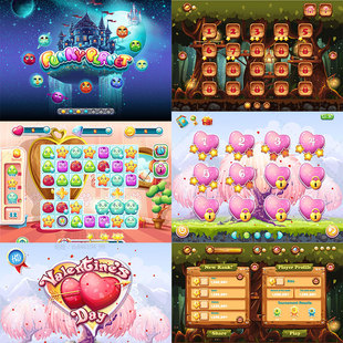 Q版卡通休闲游戏UI界面按钮图标对话框APP设计素材场景AI矢量图