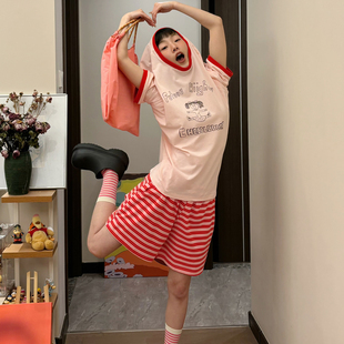 新款撞色体操小女孩短袖新款可爱睡衣套头条纹裤夏季可外穿家居服