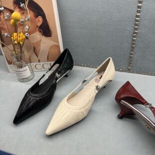 范家手工女鞋~百搭春夏新款尖头猫跟软面皱漆中空镂空通勤单鞋3cm