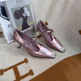 范家手工女鞋~跟高7CM牛羊皮金属方头印花高级时尚高跟通勤单鞋女