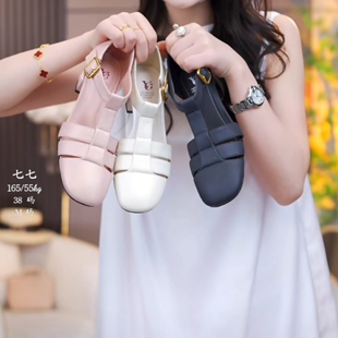 范家手工女鞋~5cm高全羊皮夏纯色粗跟罗马凉鞋女浅口方头百搭气质