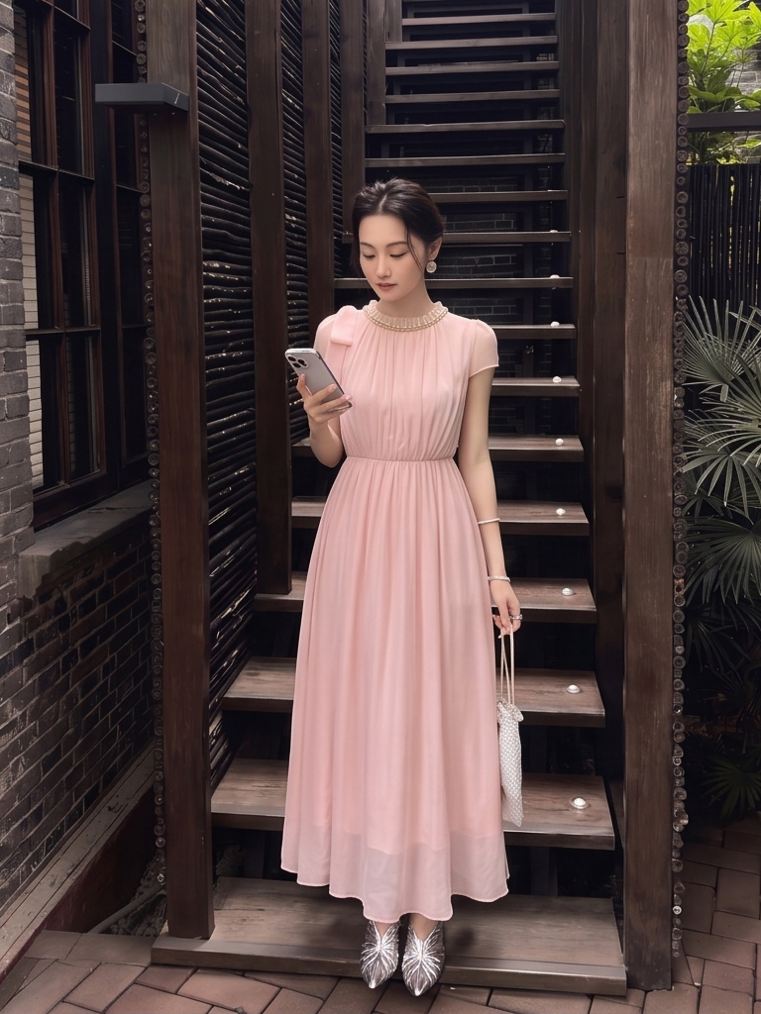 昔欢2026夏季新款法式温柔风粉色圆领连衣裙女长款收腰显瘦仙女裙