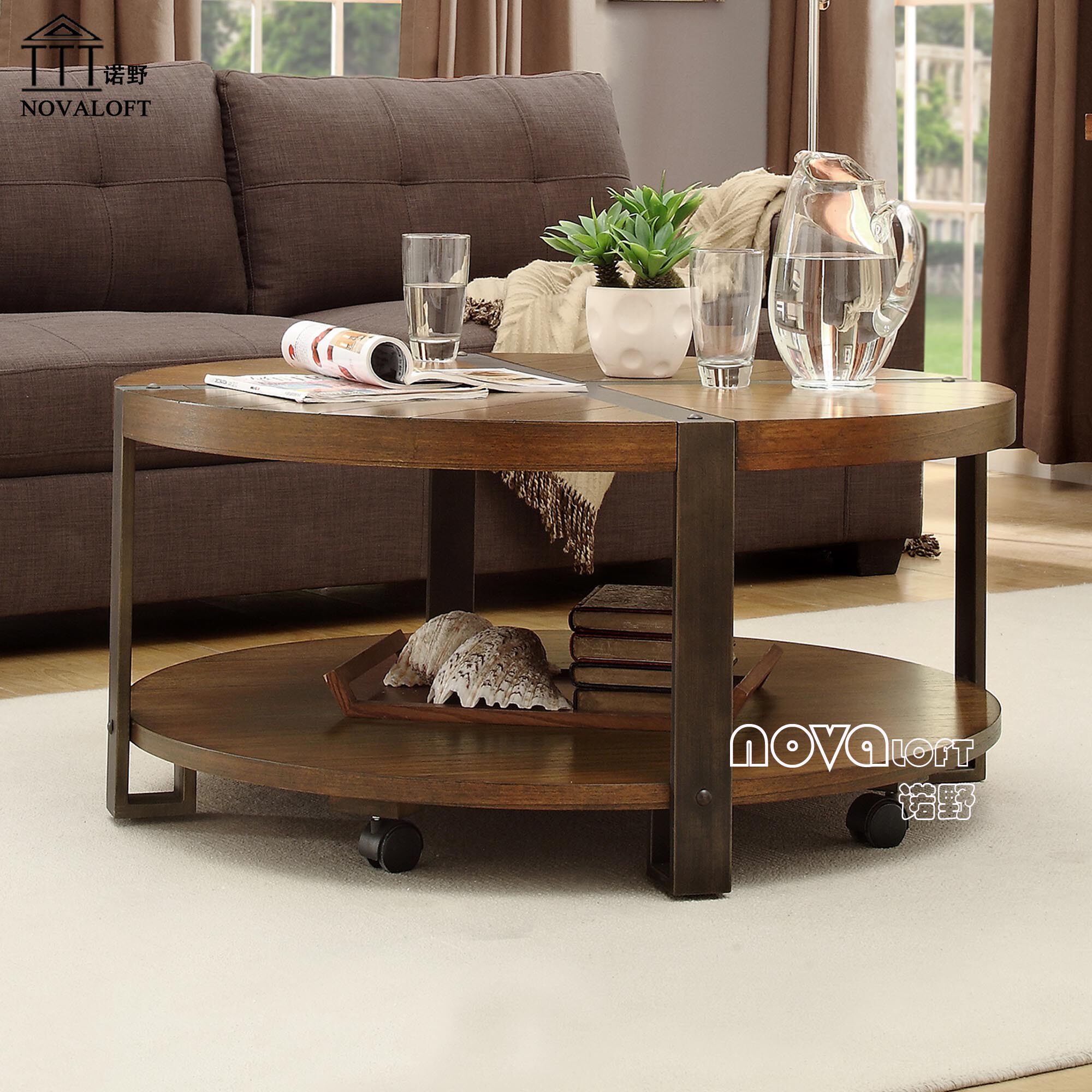 复古做旧实木铁艺客厅双层茶几圆几小圆桌置物桌咖啡圆桌创意边桌