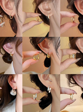 添彩简约锆石耳圈耳扣小众轻奢高级感素圈耳环时尚气质百搭耳饰品