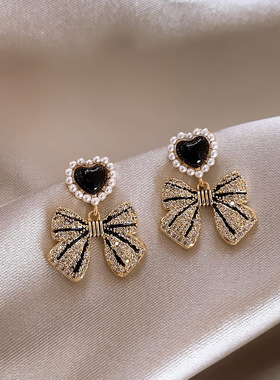 添彩锆石蝴蝶结流苏珍珠耳环小众复古轻奢高级感耳钉气质百搭耳饰