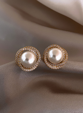 添彩银针精致镶钻珍珠耳环轻奢高级感气质耳钉简约百搭小巧耳饰女