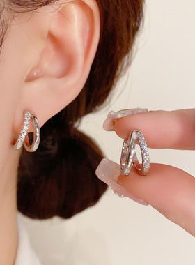 巧欢时尚日韩气质双层镂空锆石圈圈耳扣精致小巧百搭设计感耳环