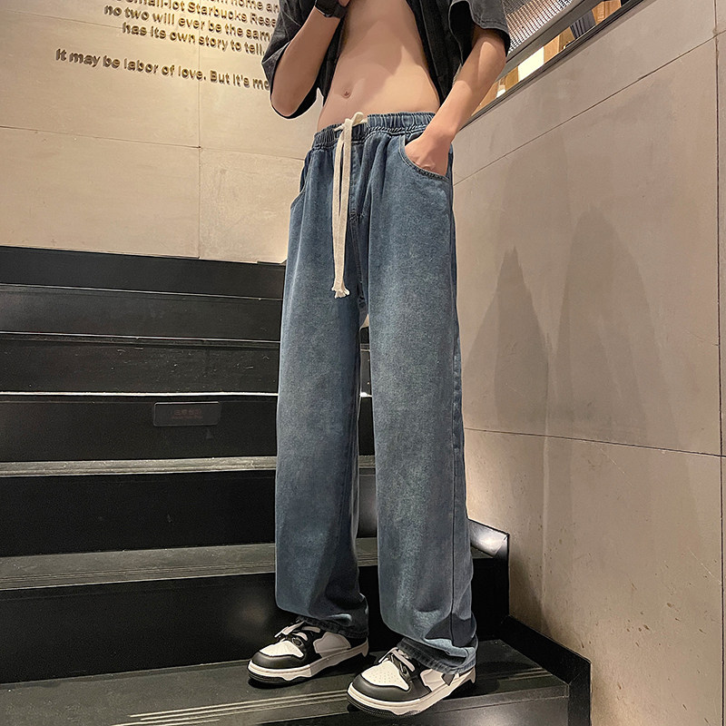 牛仔裤男夏季新款港风宽松大码阔腿裤学生学院风长裤K8001-P28图片
