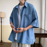 短袖衬衫男夏季新款港风宽松冰丝坠感大码开叉衬衣CS8805-P35，男装衬衫，星座214-3