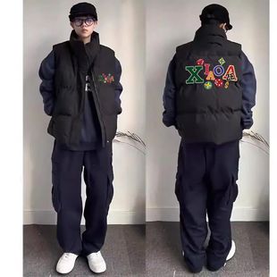 秋冬季 街头痞帅休闲字母印花立领hiphop马甲男女坎肩潮牌外套 美式