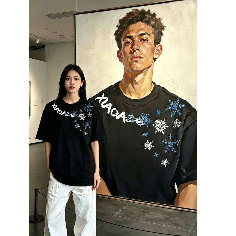 玫红色美式雪花仿刺绣印花T恤短袖夏季国潮纯棉休闲学生男女上衣