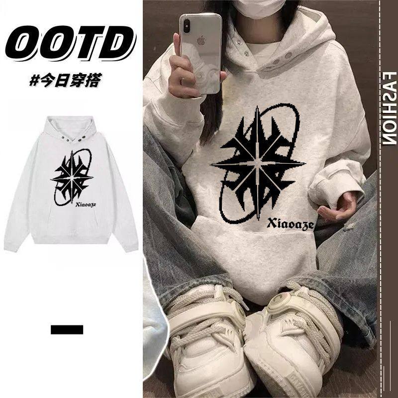 2025港风纯棉秋冬加绒情侣款帽衫韩版男女潮牌印花纽扣款连帽卫衣