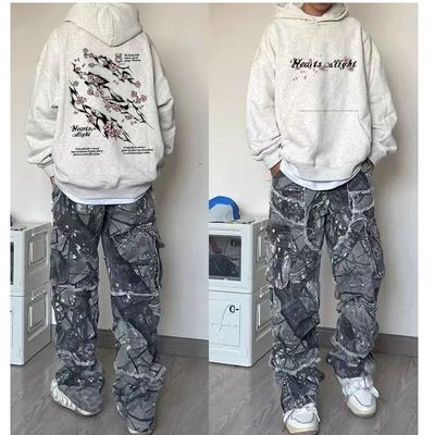 花灰色美式高街樱花印花纯棉连帽卫衣秋冬加厚加绒男女情侣款帽衫