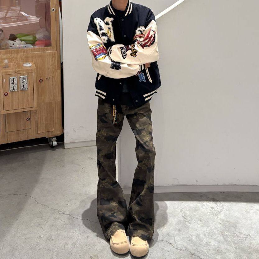 提档百搭弯刀微喇裤显瘦美式高街迷彩牛仔裤男款直筒潮流痞帅裤子