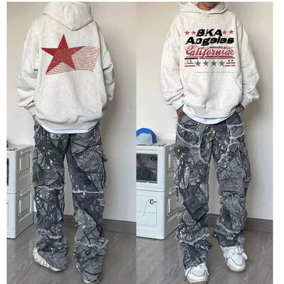 花灰色银狐绒美式潮牌星星连帽卫衣男女情侣炸街秋冬加绒加厚帽衫