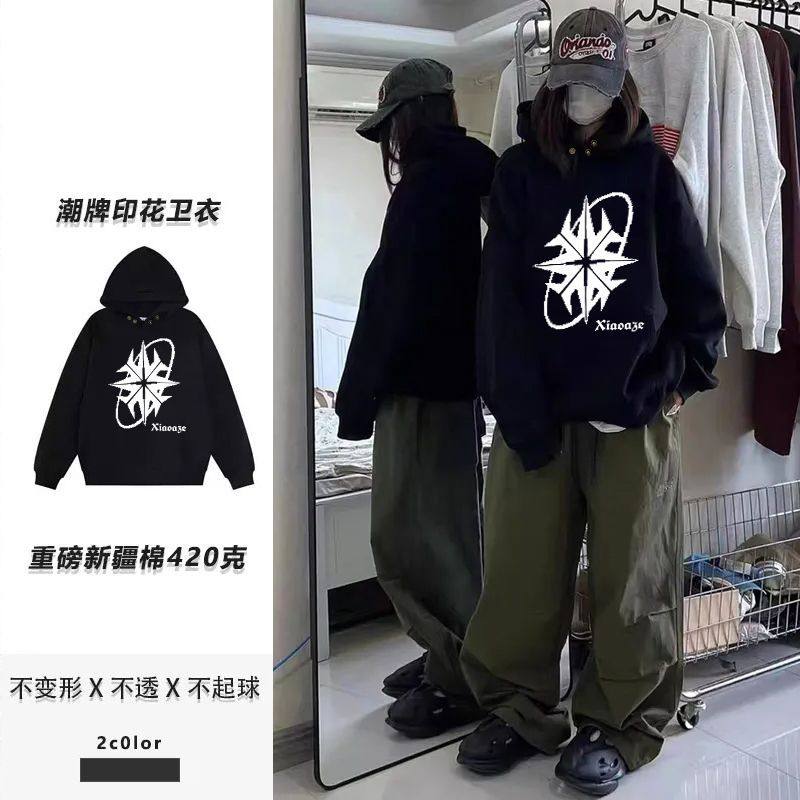 2025港风纯棉秋冬加绒加厚情侣款帽衫男女潮牌印花纽扣款连帽卫衣