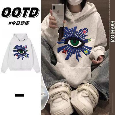 美式复古男女印花帽衫秋冬季加绒加厚痞帅宽松情侣纽扣款连帽卫衣