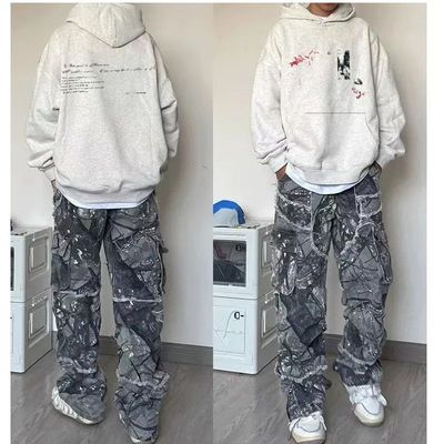 花灰色纯棉美式复古男女帽衫秋冬加绒加厚潮流印花情侣款连帽卫衣