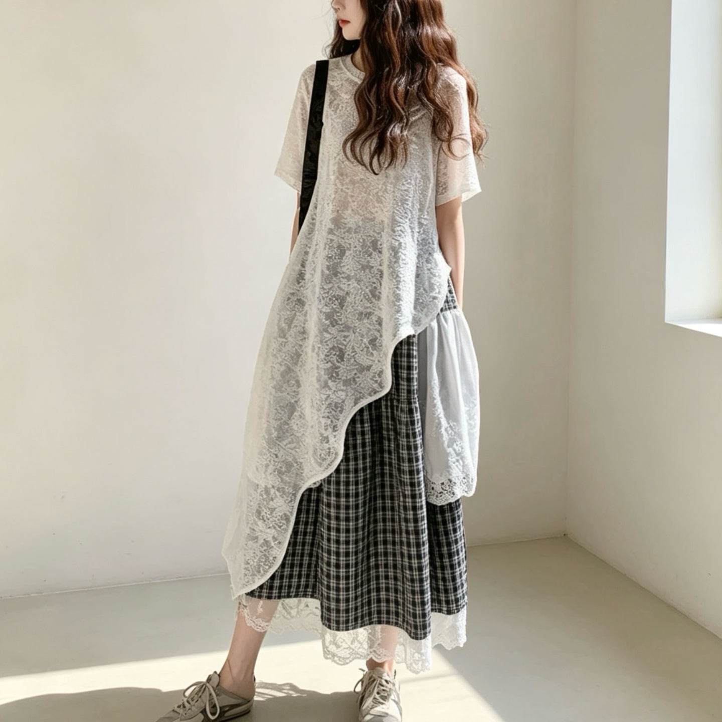 慵懒风绝美叠穿镂空连衣裙套装女夏季2026年新款格子半身裙两件套