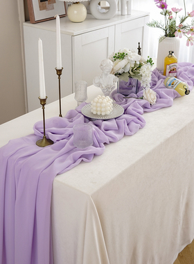 秋天紫色雪纺纱桌布甜品台桌巾户外婚礼庆生日宴会背景布装饰桌旗