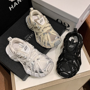 女情侣休闲跑鞋 灰色巴黎3XL蜘蛛侠老爹鞋 潮男小众做旧厚底运动鞋