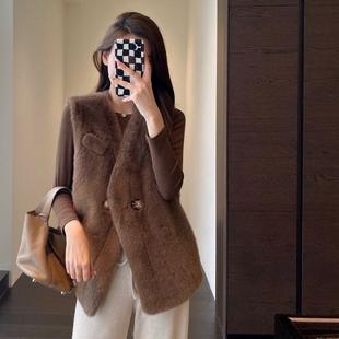 秋冬环保皮草外套无袖 貂绒皮毛一体坎肩毛毛马甲女 宽松百搭中长款