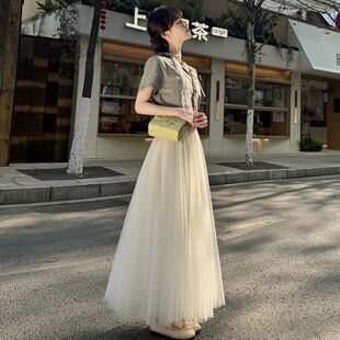 2026春季新款纱裙白色网纱半身裙女 垂坠感a字高腰长裙大摆蓬蓬裙