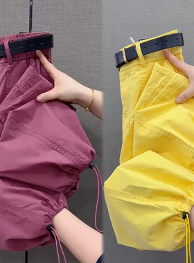 纯棉九分工装哈伦裤女夏季薄款高腰显瘦束脚休闲裤宽松洋气运动裤