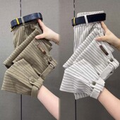 女秋季 百搭显瘦小脚哈伦裤 新款 裤 宽松高腰卷边工装 纯棉条纹休闲裤