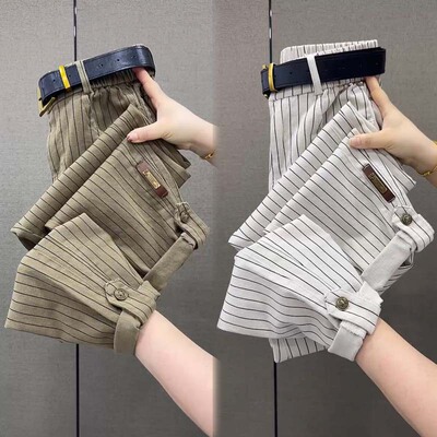 纯棉条纹休闲裤女高腰宽松