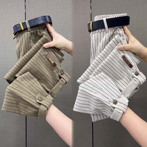 纯棉条纹休闲裤女高腰宽松