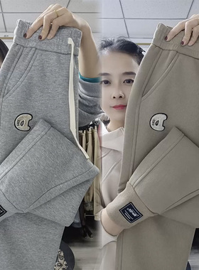 秋冬季新款纯棉D标运动裤女加绒宽松显瘦束脚休闲卫裤百搭哈伦裤