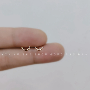 养耳洞简约笑脸耳钉女925银镀14K金几何半圆形玫瑰金小巧迷你耳饰