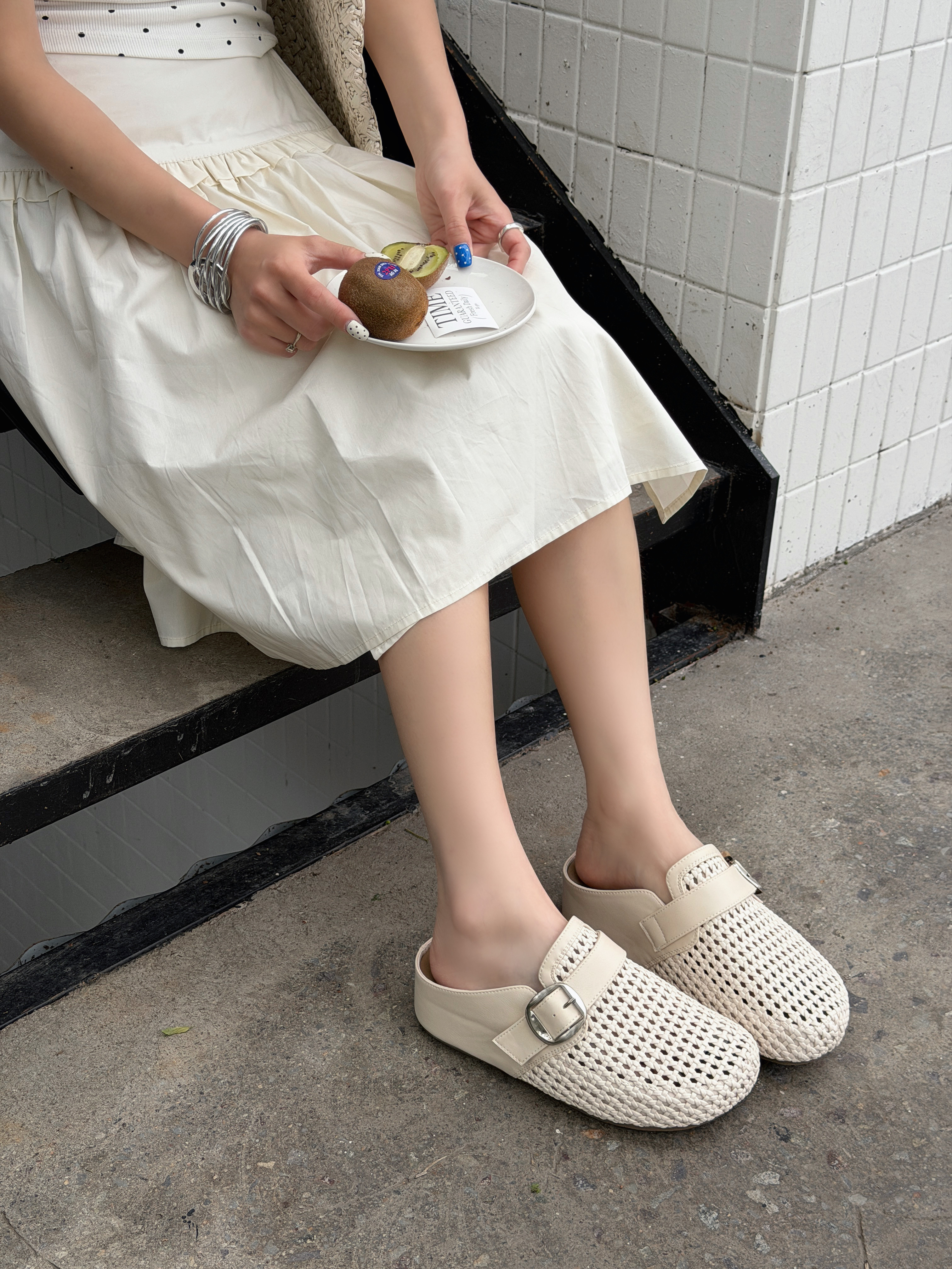 法式包头半拖鞋女2026夏季新款编织凉拖外穿平底高级感透气2660