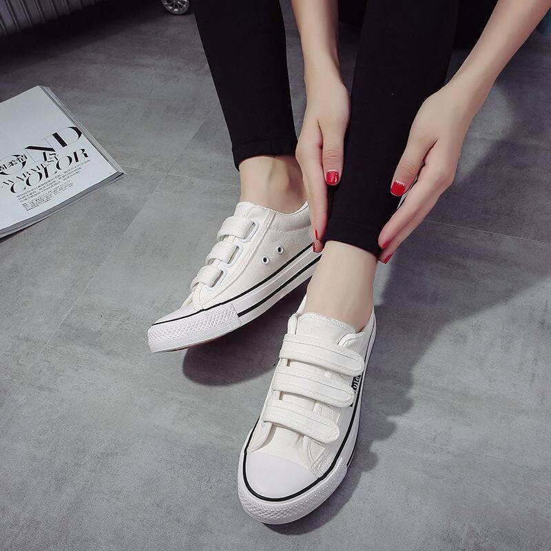 2024新款元气少女白色帆布鞋女浅口百搭春季透气魔术贴小白鞋女鞋