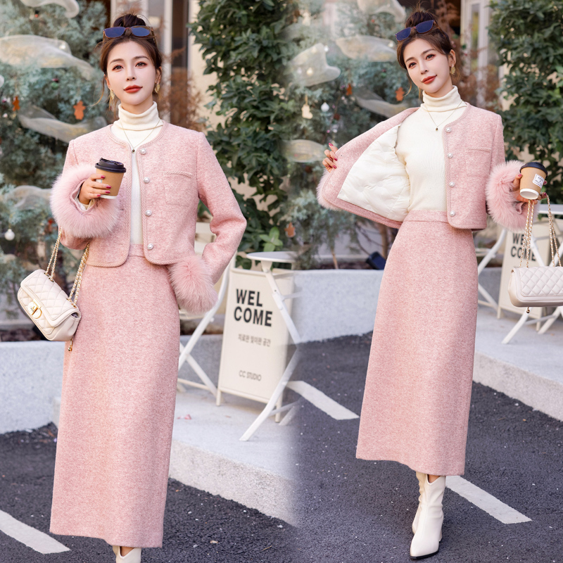 小香风羽绒服套装女半身裙两件套