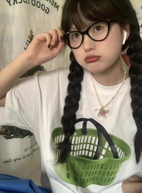 LOADINGFILES 「出门采购」篮子印花短袖T恤女宽松白色纯棉上衣
