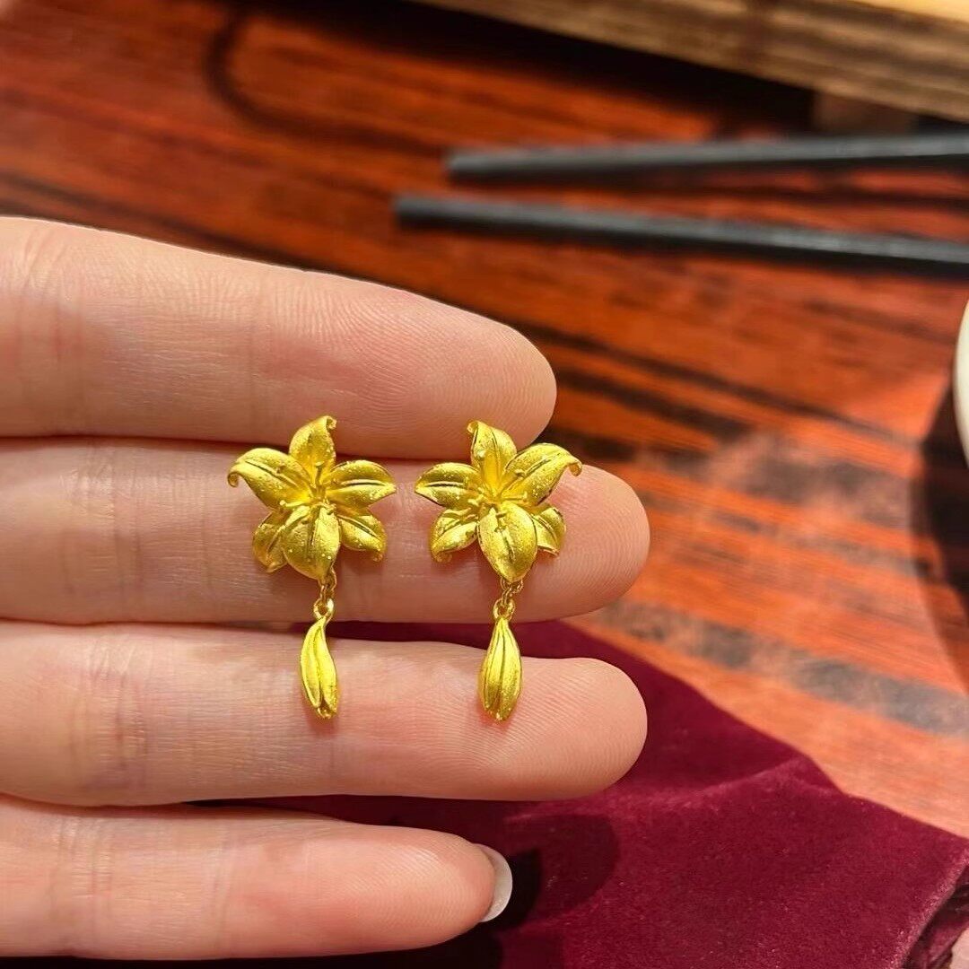 金黄色花月佳期百合花耳环轻奢高级感结婚三金花丝耳饰情人节礼物