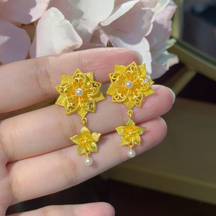 金店同款足金色镂空花丝珍珠耳环新中式大气花朵耳饰耳坠婚嫁三金