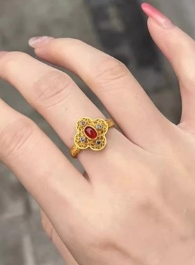 古法金色花丝镶嵌红石中式尾戒子