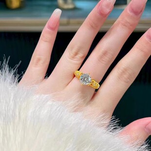 新款18k黄金戒指镶莫桑钻活口仿足金指环宫廷风金色尾戒子送女友