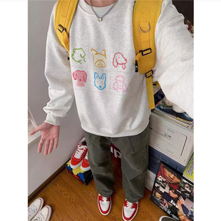 重磅纯棉美式卡通无帽卫衣男款青少年冬季加绒加厚宽松设计感上衣