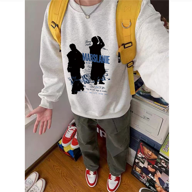 纯棉美式高街人物涂鸦圆领卫衣男2026新款秋冬加绒设计感长袖上衣